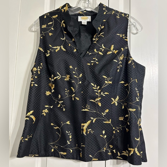 Vintage Talbots Women's Elegant Black and Gold Silk Blend Floral Blouse Size 14 - Picture 1 of 9